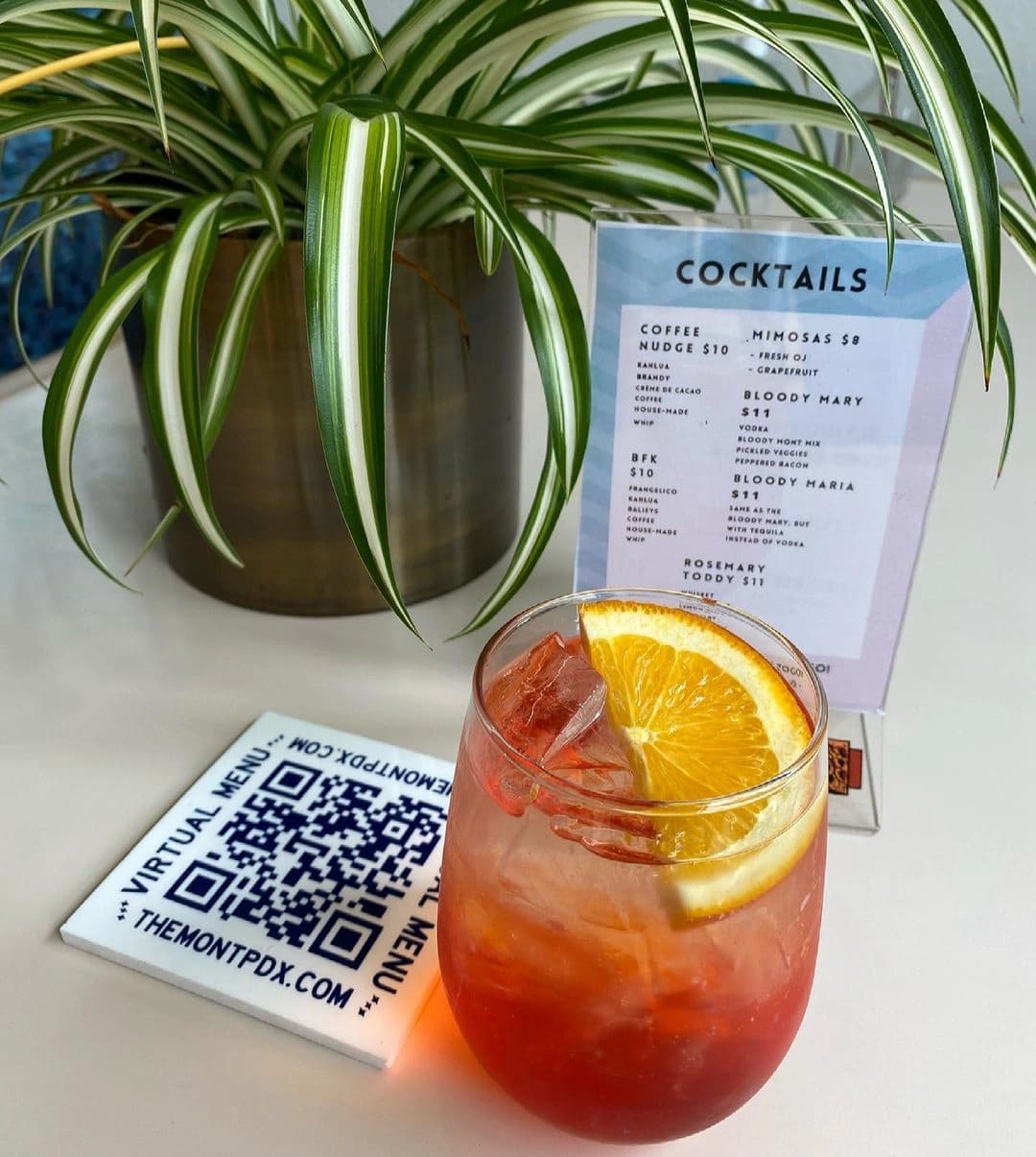 Cocktail drink, cocktail menu, and QR coaster